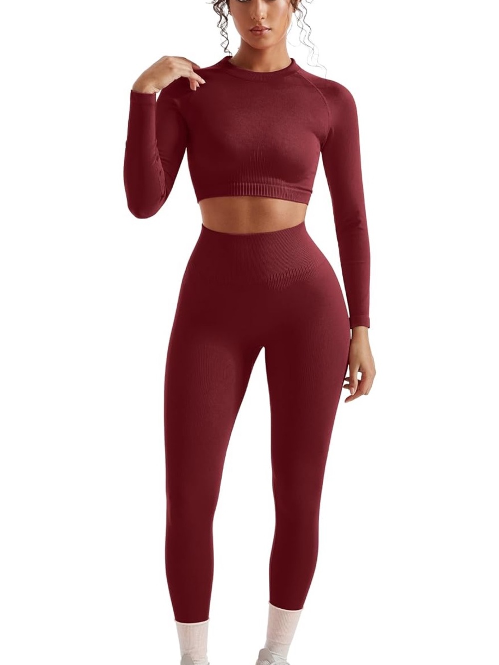 Seamless High-Waist Leggings & Crop Top Set - Burgundy
